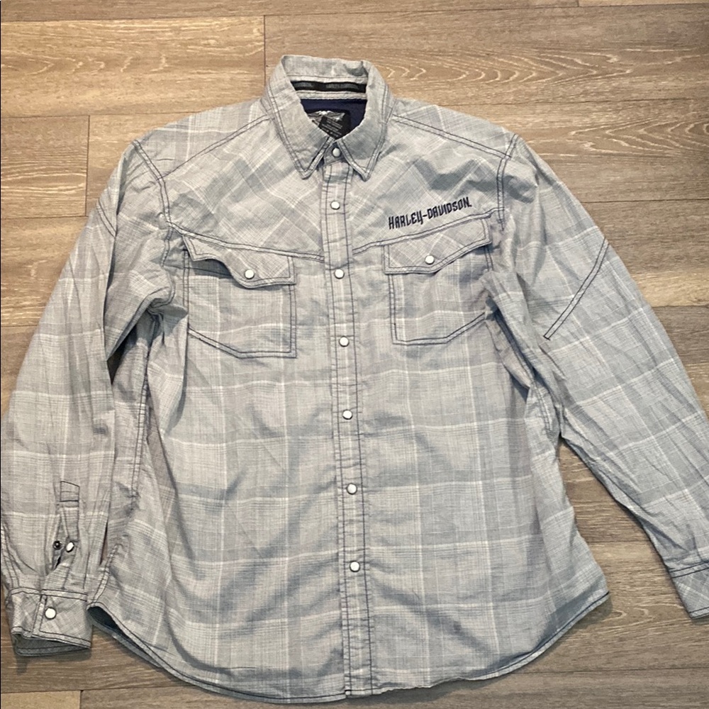 Harley-Davidson Gray Pearl Snaps Embroidered LS Shirt Mens Sz XL
